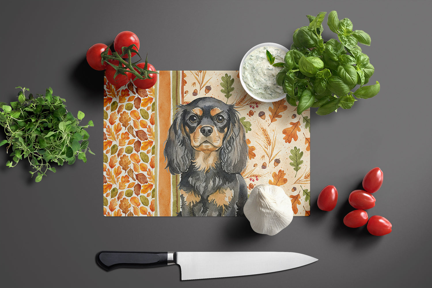 Black and Tan English Toy Spaniel Heirloom Fall Cutting Board Tempered Glass Kitchen Cutting Surface, Heat Resistant Chopping, Non-Slip Feet, Food Prep & Serving