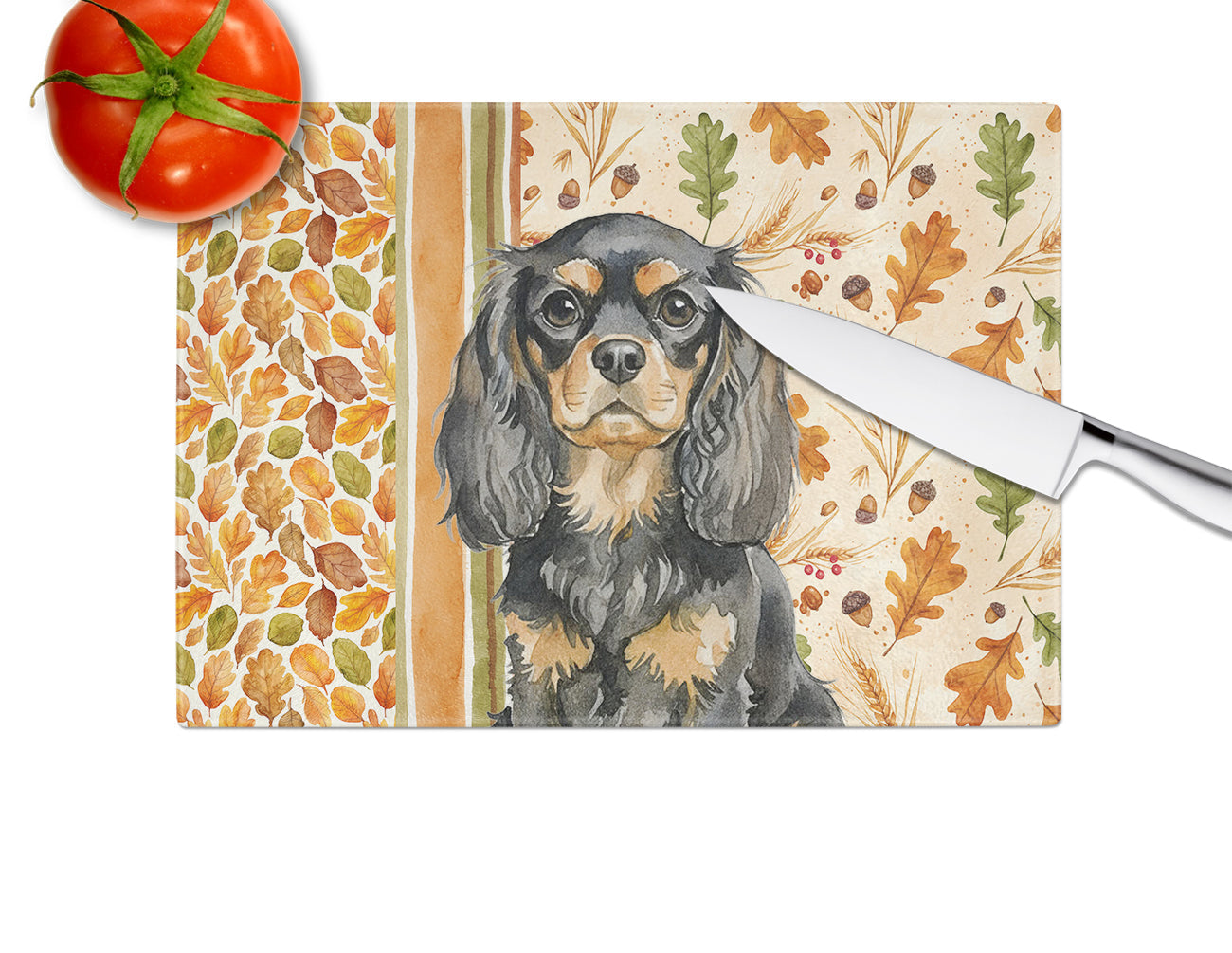 Black and Tan English Toy Spaniel Heirloom Fall Cutting Board Tempered Glass Kitchen Cutting Surface, Heat Resistant Chopping, Non-Slip Feet, Food Prep & Serving