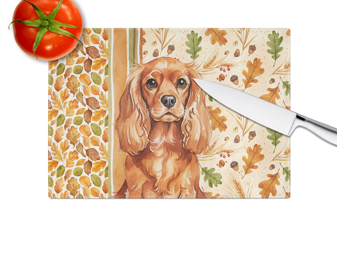 Ruby English Toy Spaniel Heirloom Fall Cutting Board Tempered Glass Kitchen Cutting Surface, Heat Resistant Chopping, Non-Slip Feet, Food Prep & Serving