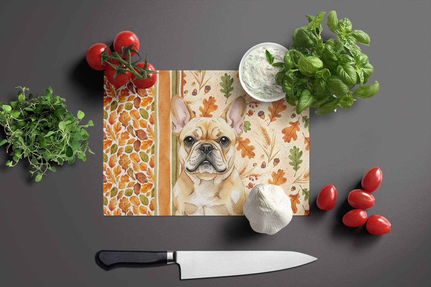 Fawn French Bulldog Heirloom Fall Cutting Board Tempered Glass Kitchen Cutting Surface, Heat Resistant Chopping, Non-Slip Feet, Food Prep & Serving