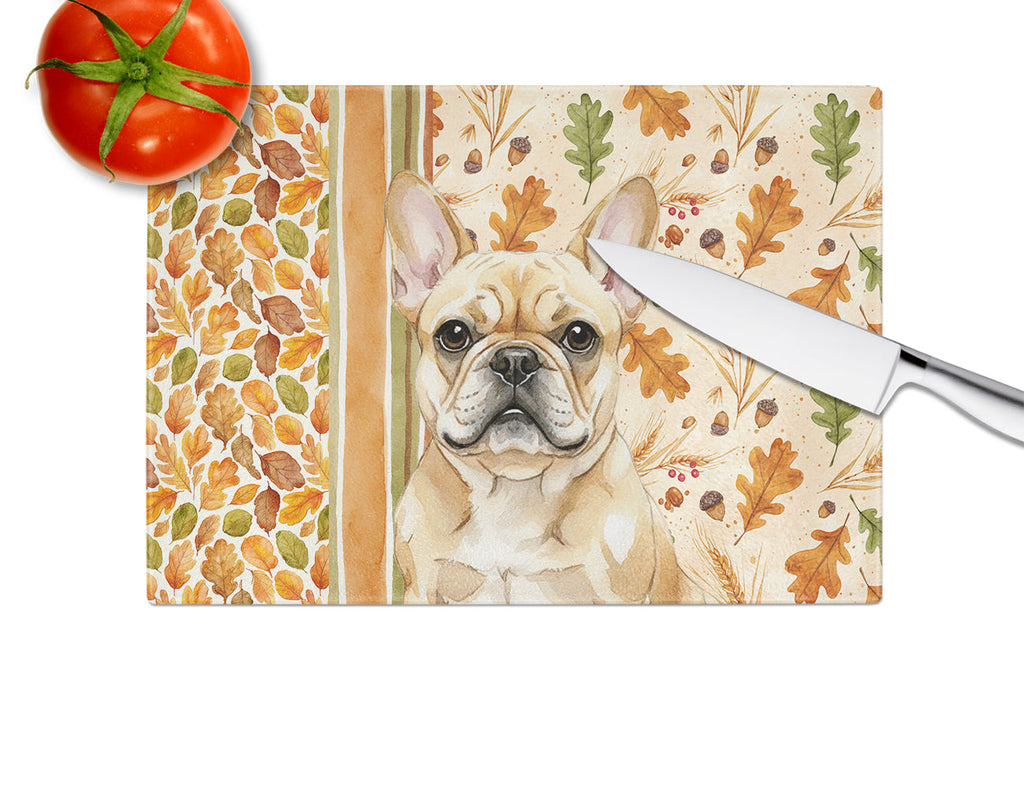 Fawn French Bulldog Heirloom Fall Cutting Board Tempered Glass Kitchen Cutting Surface, Heat Resistant Chopping, Non-Slip Feet, Food Prep & Serving