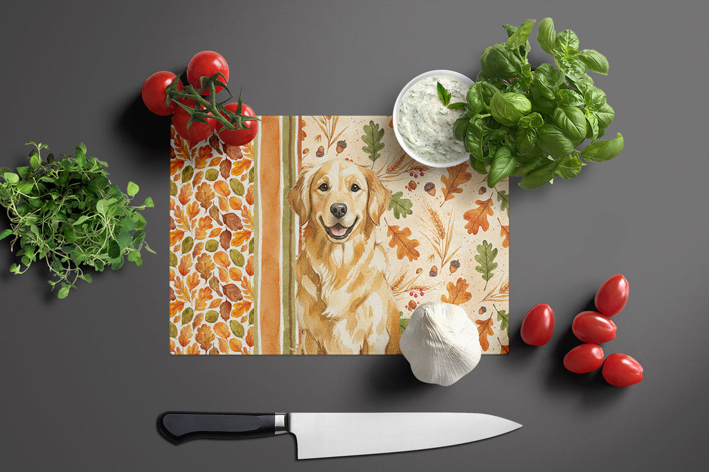 Golden Retriever Heirloom Fall Cutting Board Tempered Glass Kitchen Cutting Surface, Heat Resistant Chopping, Non-Slip Feet, Food Prep & Serving