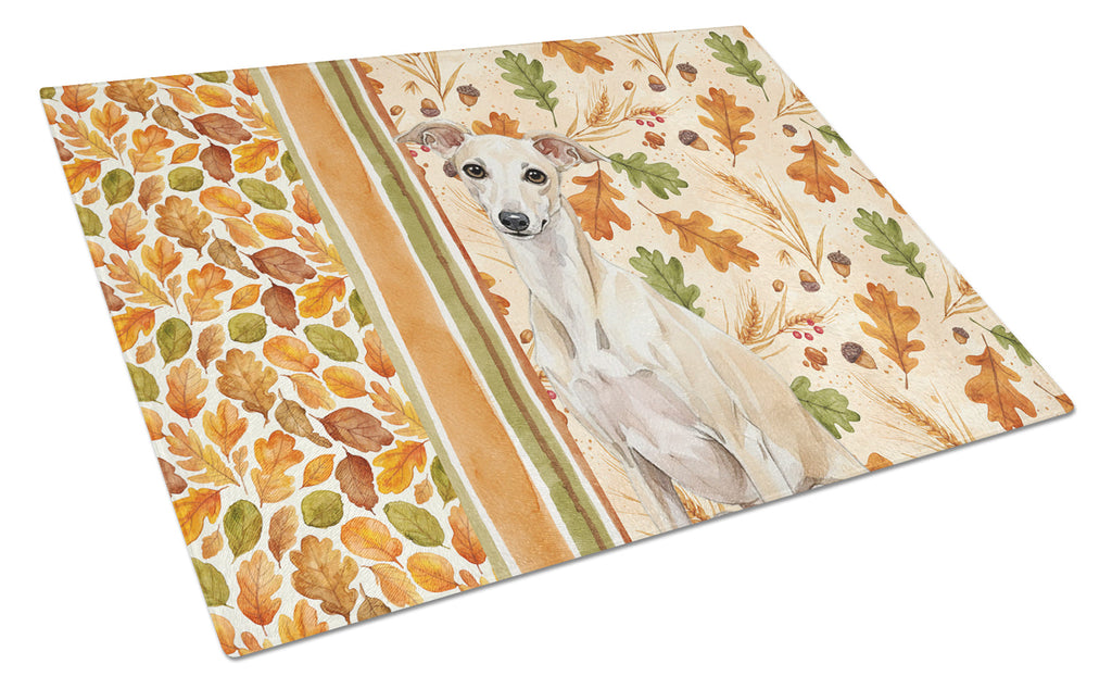 Cream Italian Greyhound Heirloom Fall Cutting Board Tempered Glass Kitchen Cutting Surface, Heat Resistant Chopping, Non-Slip Feet, Food Prep & Serving