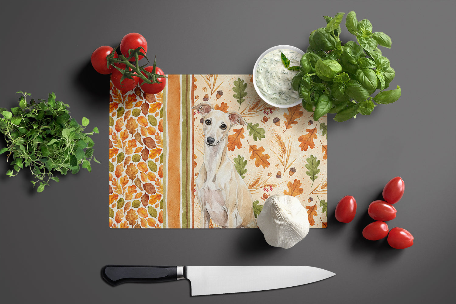 Cream Italian Greyhound Heirloom Fall Cutting Board Tempered Glass Kitchen Cutting Surface, Heat Resistant Chopping, Non-Slip Feet, Food Prep & Serving