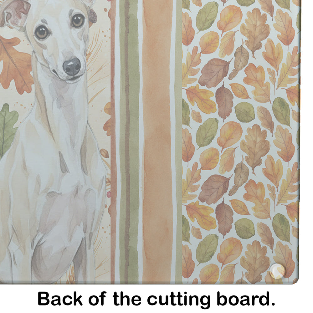 Cream Italian Greyhound Heirloom Fall Cutting Board Tempered Glass Kitchen Cutting Surface, Heat Resistant Chopping, Non-Slip Feet, Food Prep & Serving