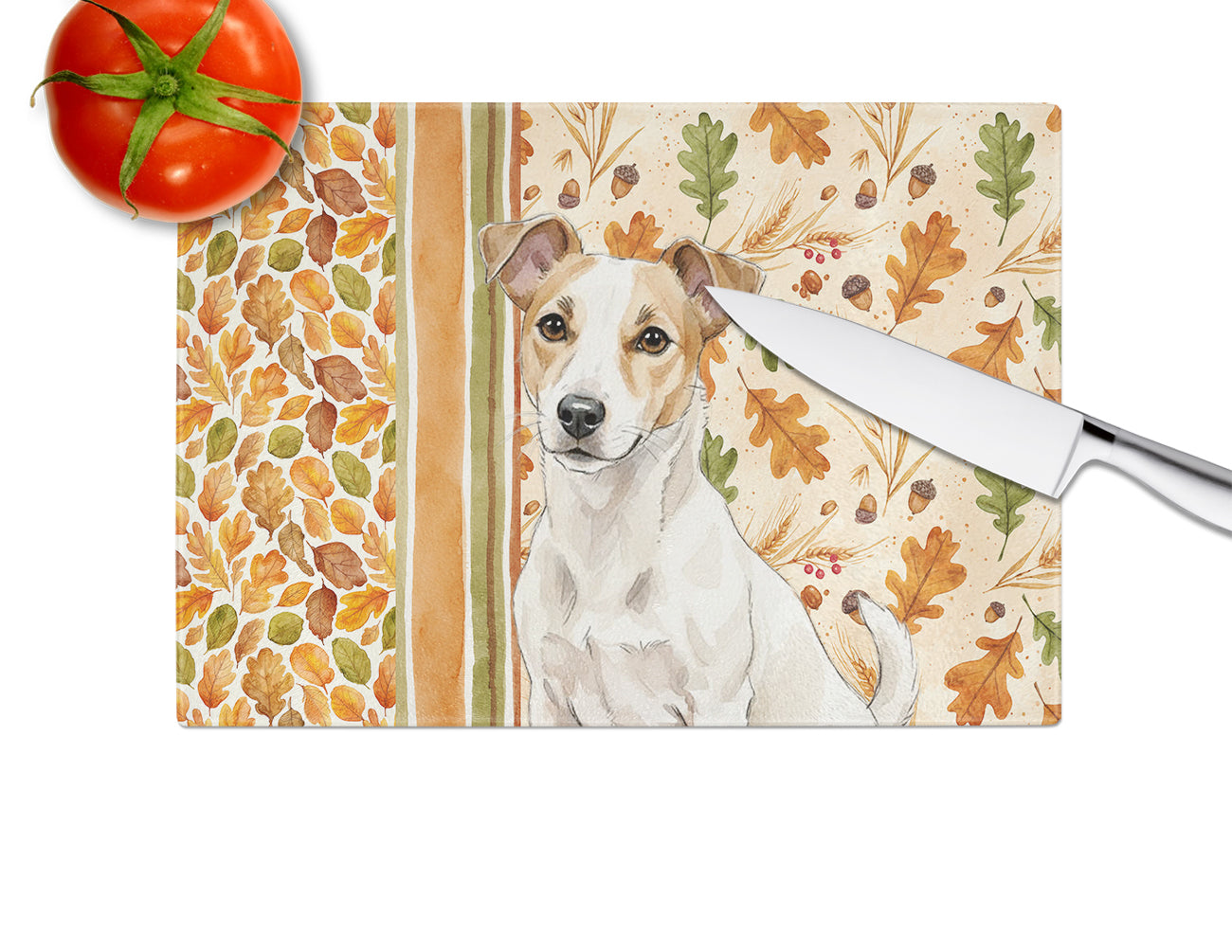 White and Tan Jack Russell Terrier Heirloom Fall Cutting Board Tempered Glass Kitchen Cutting Surface, Heat Resistant Chopping, Non-Slip Feet, Food Prep & Serving