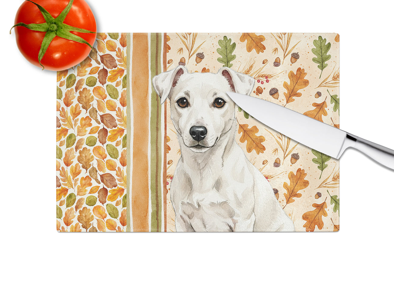 White Jack Russell Terrier Heirloom Fall Cutting Board Tempered Glass Kitchen Cutting Surface, Heat Resistant Chopping, Non-Slip Feet, Food Prep & Serving