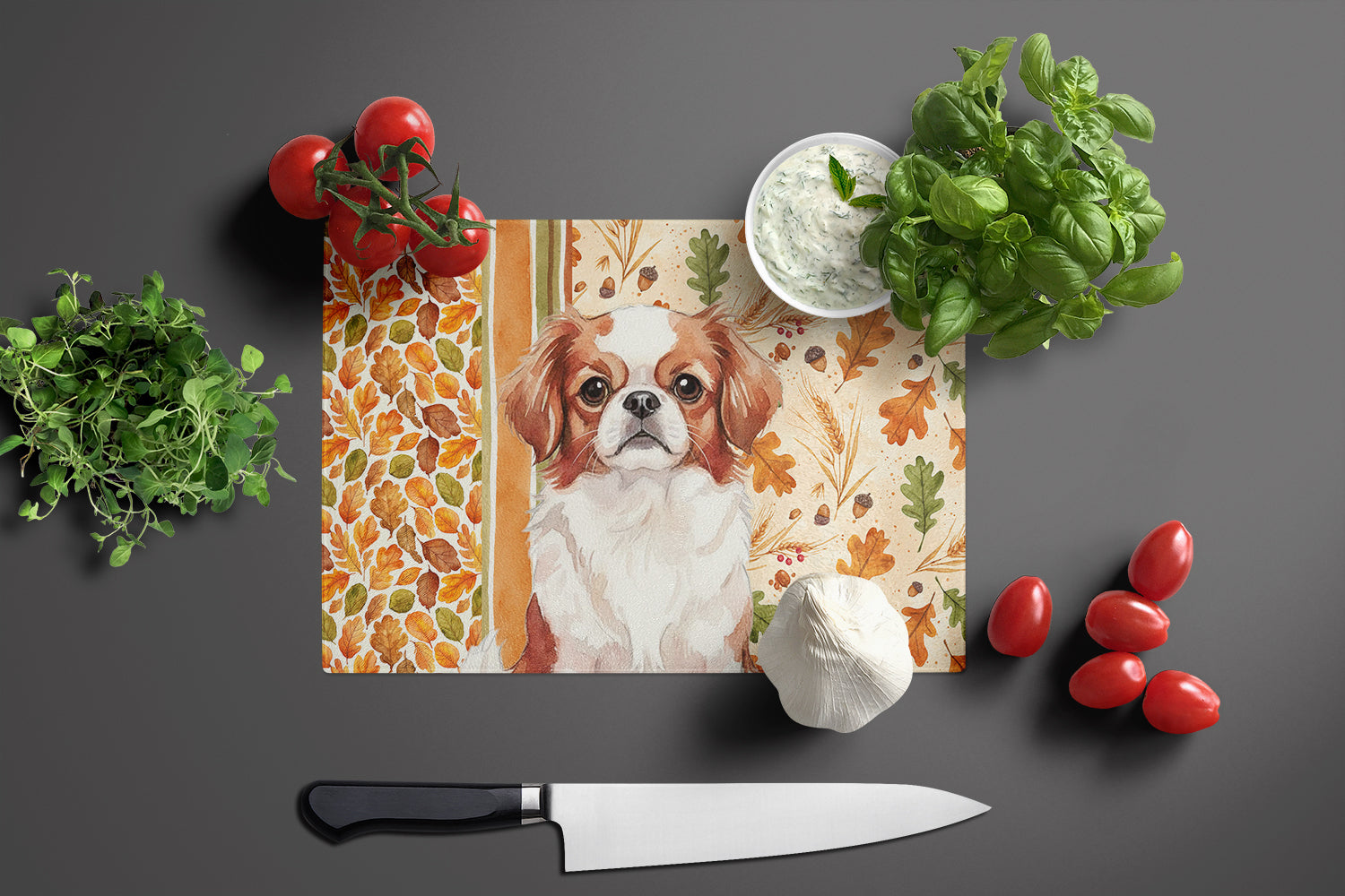 Red and White Japanese Chin Heirloom Fall Cutting Board Tempered Glass Kitchen Cutting Surface, Heat Resistant Chopping, Non-Slip Feet, Food Prep & Serving