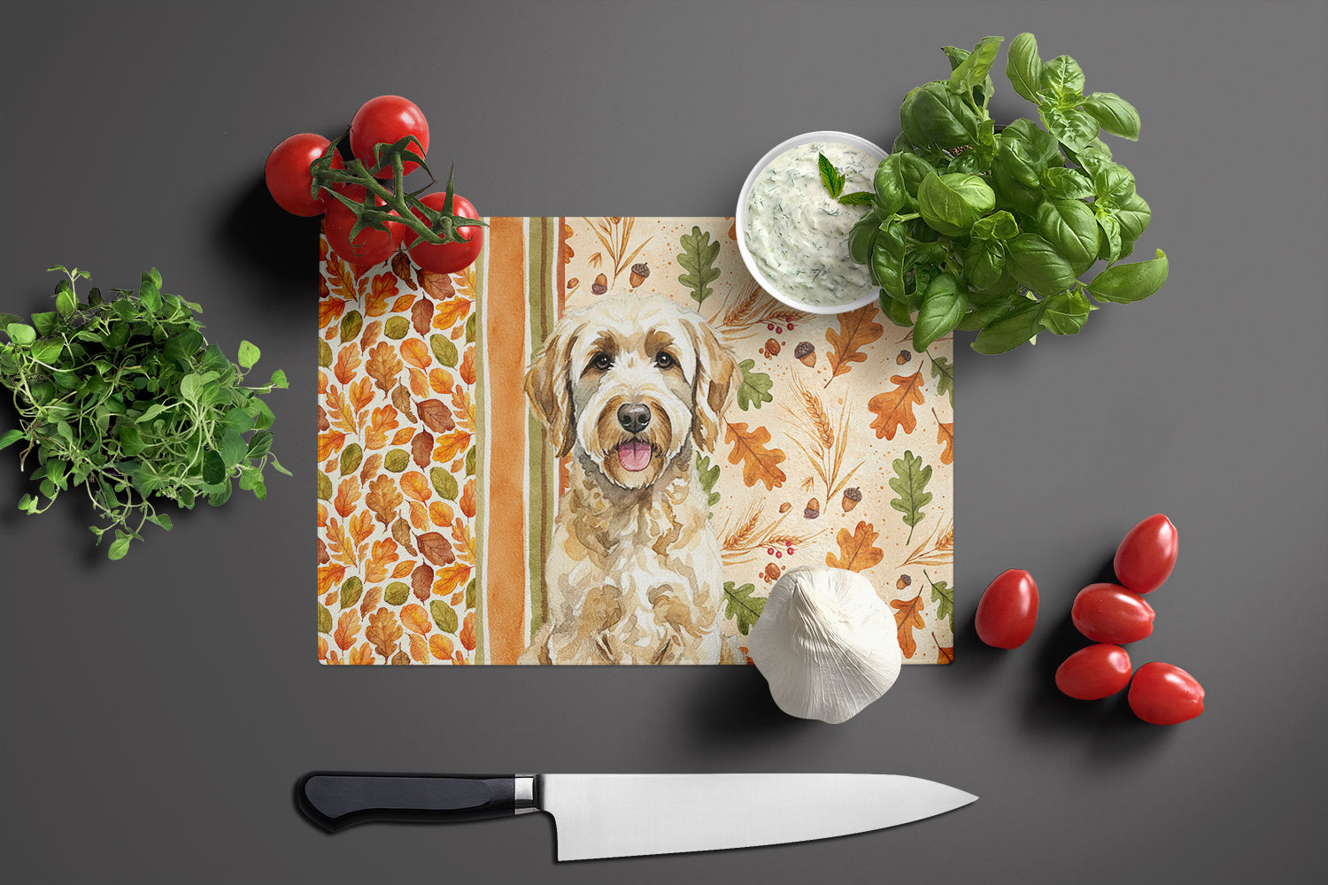 Labradoodle Heirloom Fall Cutting Board Tempered Glass Kitchen Cutting Surface, Heat Resistant Chopping, Non-Slip Feet, Food Prep & Serving