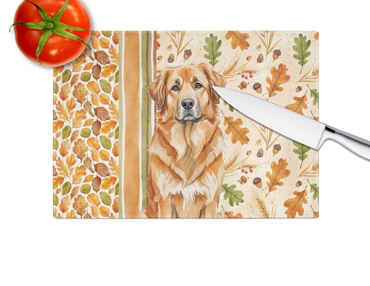 Red Leonberger Heirloom Fall Cutting Board Tempered Glass Kitchen Cutting Surface, Heat Resistant Chopping, Non-Slip Feet, Food Prep & Serving