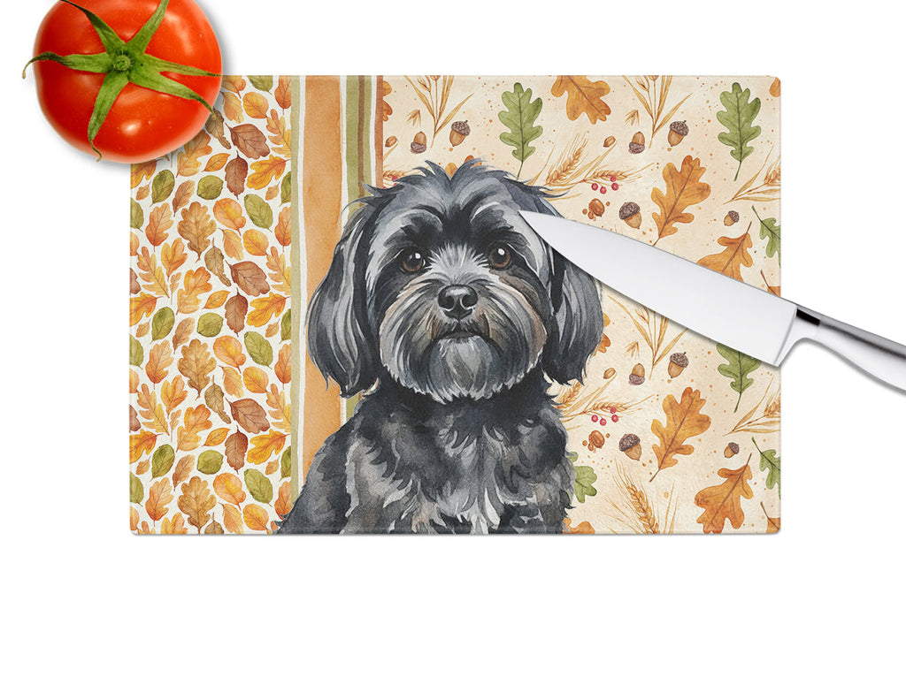 Black Lhasa Apso Heirloom Fall Cutting Board Tempered Glass Kitchen Cutting Surface, Heat Resistant Chopping, Non-Slip Feet, Food Prep & Serving