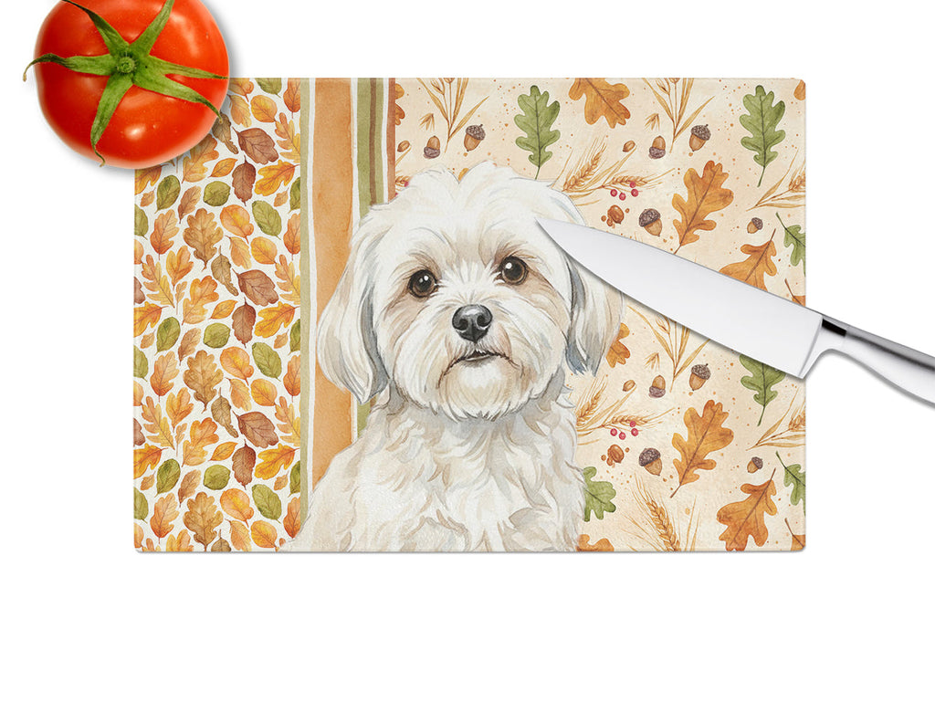 White Lhasa Apso Heirloom Fall Cutting Board Tempered Glass Kitchen Cutting Surface, Heat Resistant Chopping, Non-Slip Feet, Food Prep & Serving