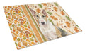 Tricolor Miniature Bull Terrier Heirloom Fall Cutting Board Tempered Glass Kitchen Cutting Surface, Heat Resistant Chopping, Non-Slip Feet, Food Prep & Serving