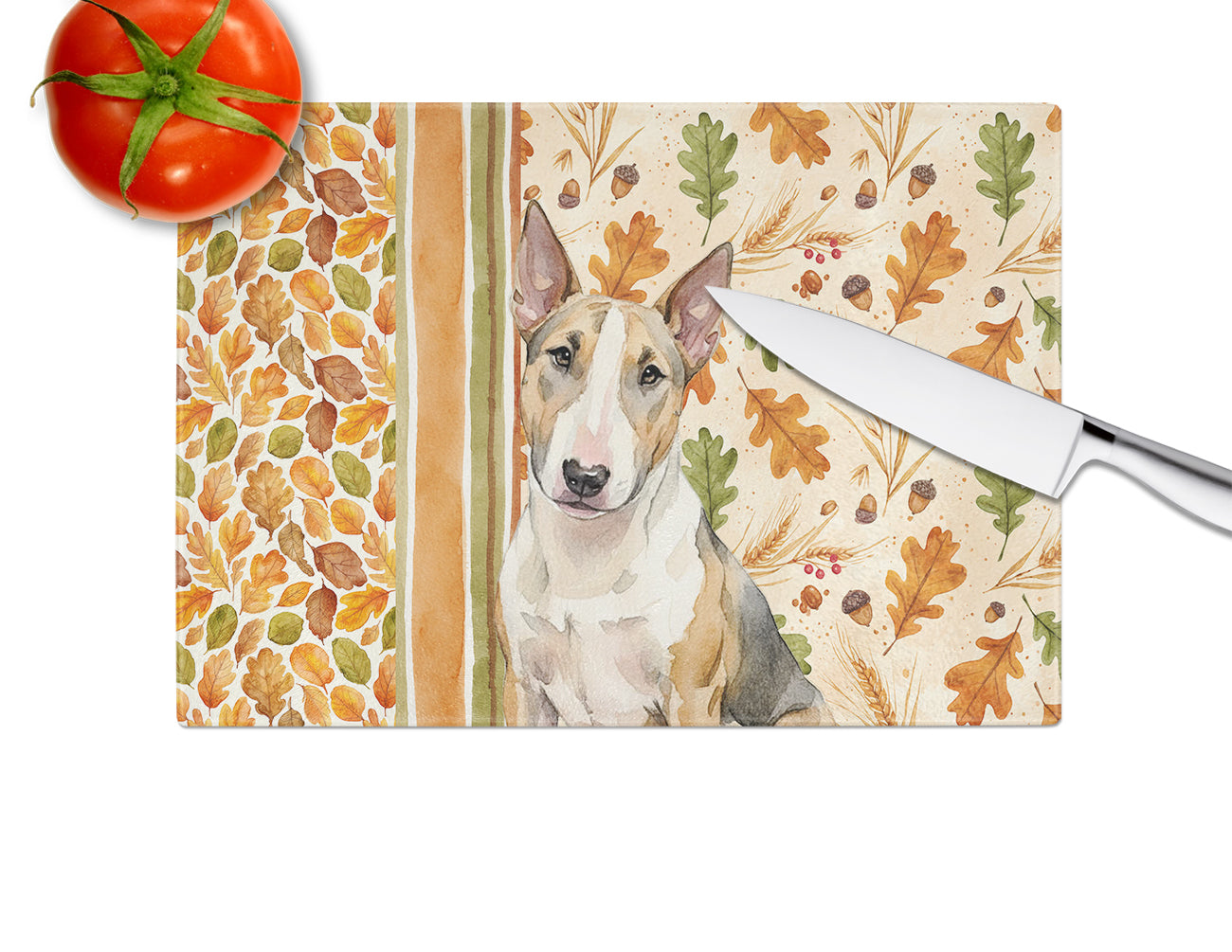 Tricolor Miniature Bull Terrier Heirloom Fall Cutting Board Tempered Glass Kitchen Cutting Surface, Heat Resistant Chopping, Non-Slip Feet, Food Prep & Serving