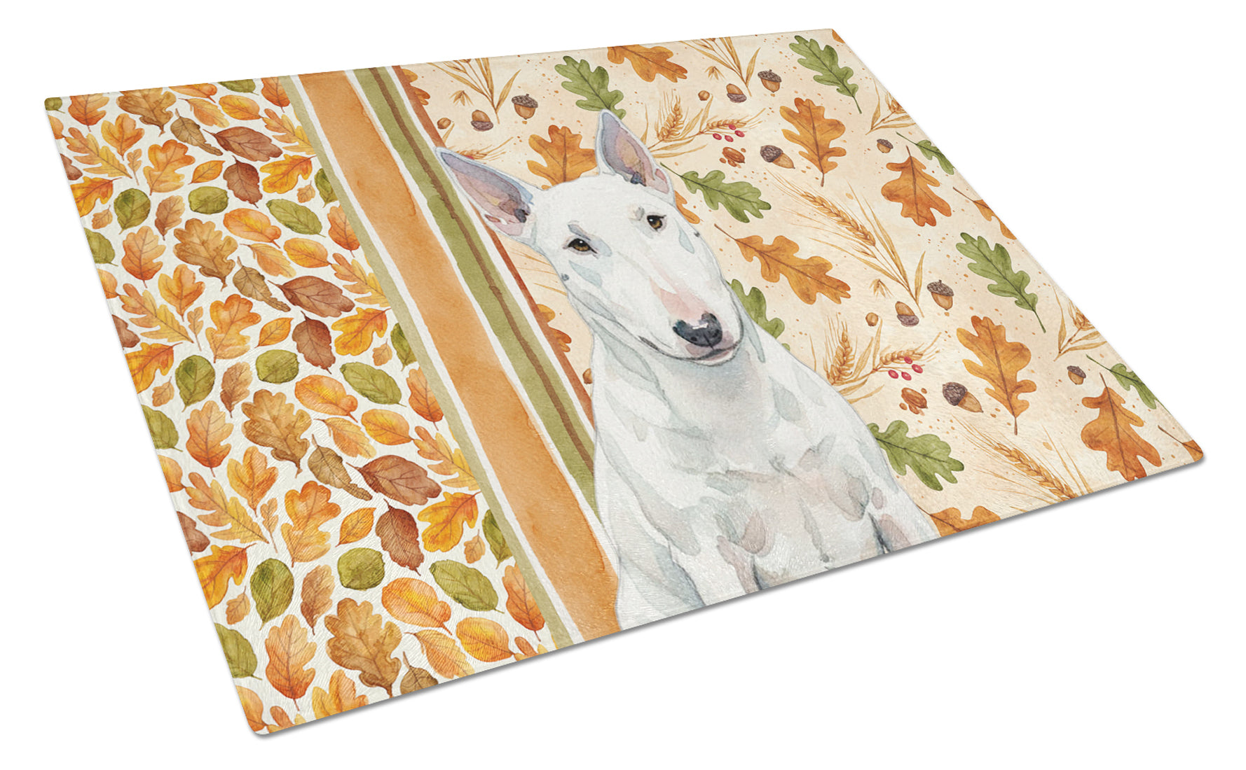 White Miniature Bull Terrier Heirloom Fall Cutting Board Tempered Glass Kitchen Cutting Surface, Heat Resistant Chopping, Non-Slip Feet, Food Prep & Serving