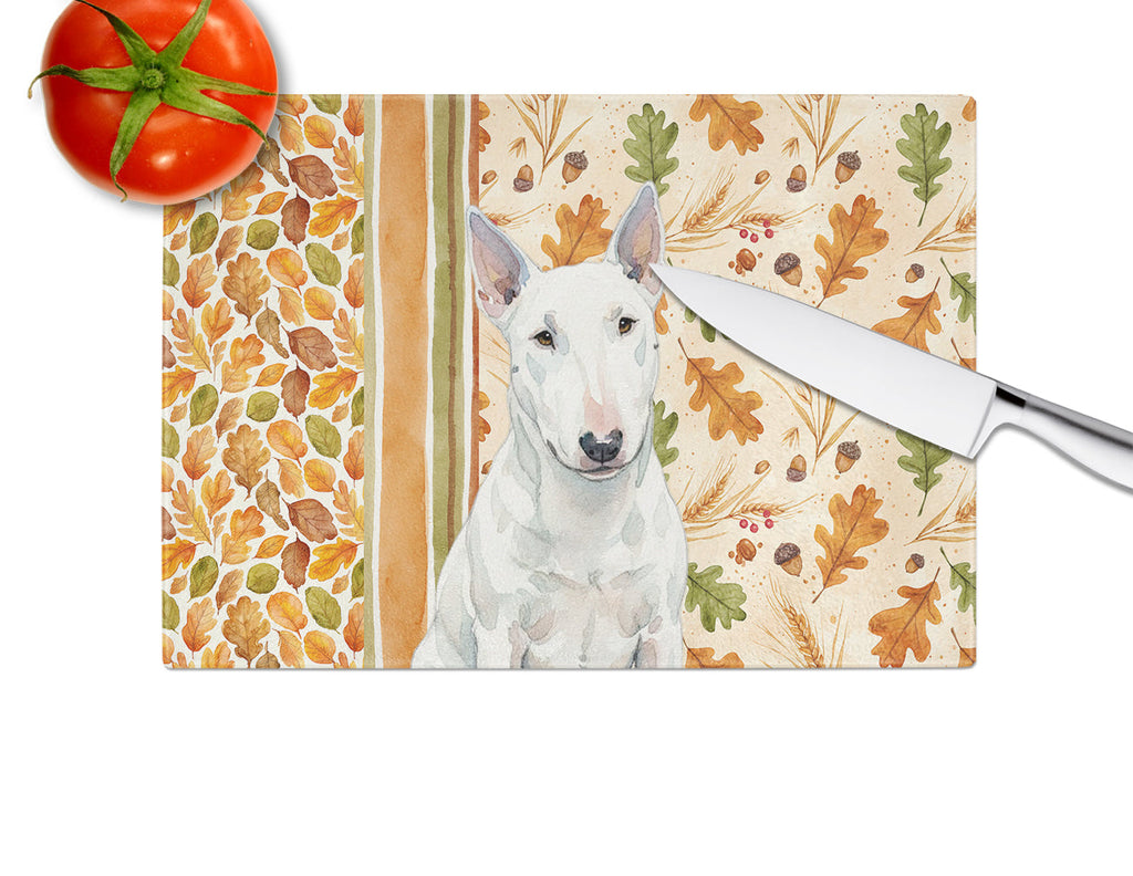 White Miniature Bull Terrier Heirloom Fall Cutting Board Tempered Glass Kitchen Cutting Surface, Heat Resistant Chopping, Non-Slip Feet, Food Prep & Serving