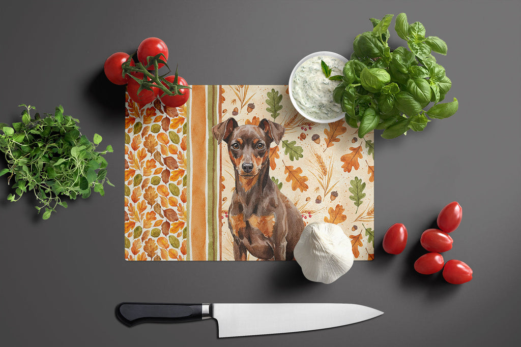 Chocolate and Rust Miniature Pinscher Min Pin Heirloom Fall Cutting Board Tempered Glass Kitchen Cutting Surface, Heat Resistant Chopping, Non-Slip Feet, Food Prep & Serving