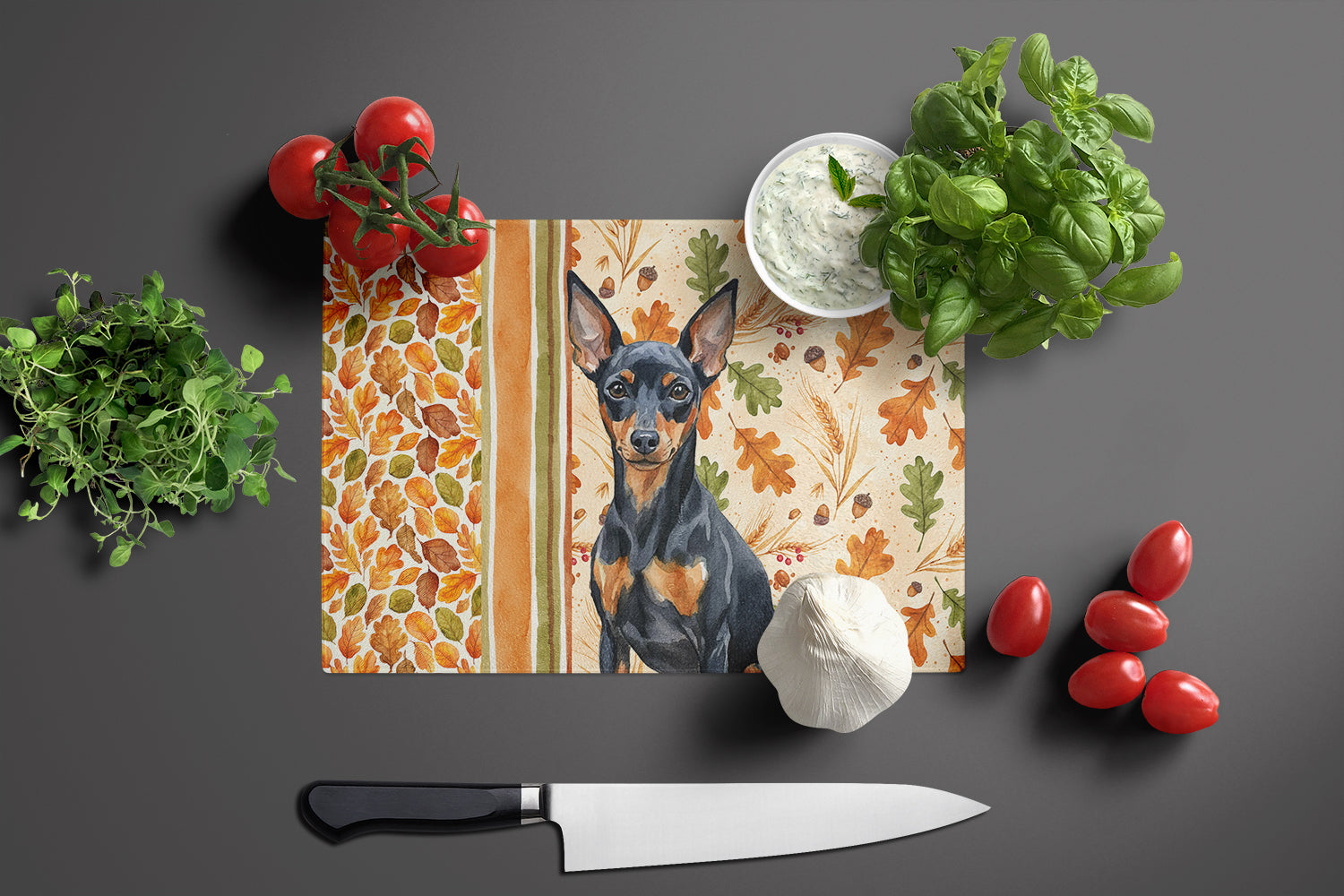 Black and Tan Miniature Pinscher Heirloom Fall Cutting Board Tempered Glass Kitchen Cutting Surface, Heat Resistant Chopping, Non-Slip Feet, Food Prep & Serving