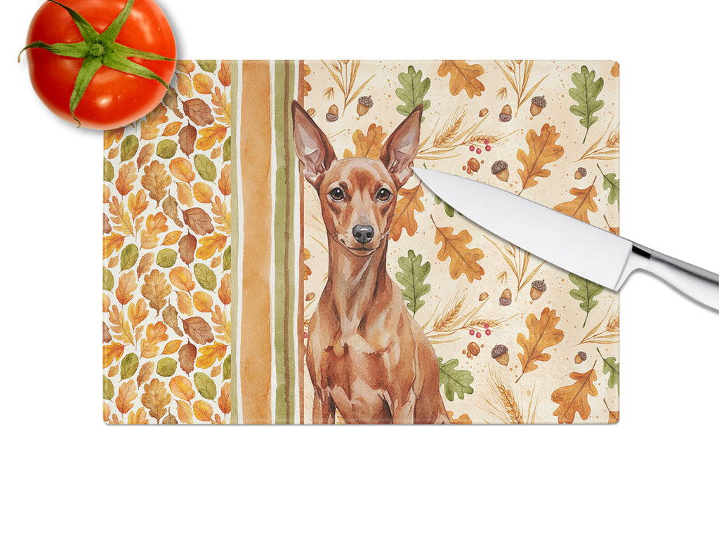 Red Miniature Pinscher Min Pin Heirloom Fall Cutting Board Tempered Glass Kitchen Cutting Surface, Heat Resistant Chopping, Non-Slip Feet, Food Prep & Serving