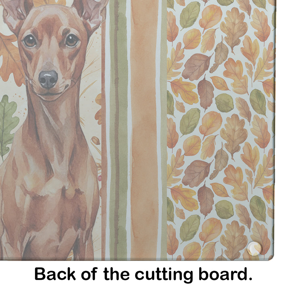 Red Miniature Pinscher Min Pin Heirloom Fall Cutting Board Tempered Glass Kitchen Cutting Surface, Heat Resistant Chopping, Non-Slip Feet, Food Prep & Serving