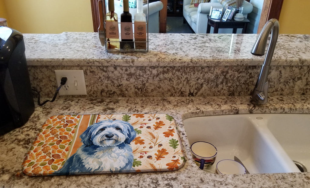 Blue and White Old English Sheepdog Heirloom Fall Dish Drying Mat Absorbent Dish Drying Mat Pad for Kitchen Counter Dish Drainer Mat for Countertop, 14 x 21", Multicolor