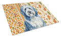 Blue and White Old English Sheepdog Heirloom Fall Cutting Board Tempered Glass Kitchen Cutting Surface, Heat Resistant Chopping, Non-Slip Feet, Food Prep & Serving