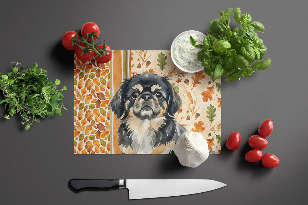 Black and Tan Pekingese Heirloom Fall Cutting Board Tempered Glass Kitchen Cutting Surface, Heat Resistant Chopping, Non-Slip Feet, Food Prep & Serving