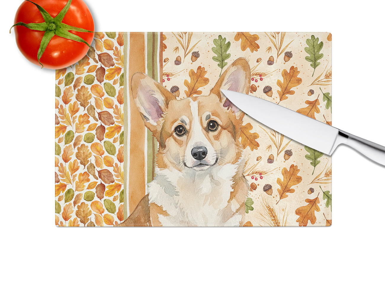 Corgi Heirloom Fall Cutting Board Tempered Glass Kitchen Cutting Surface, Heat Resistant Chopping, Non-Slip Feet, Food Prep & Serving