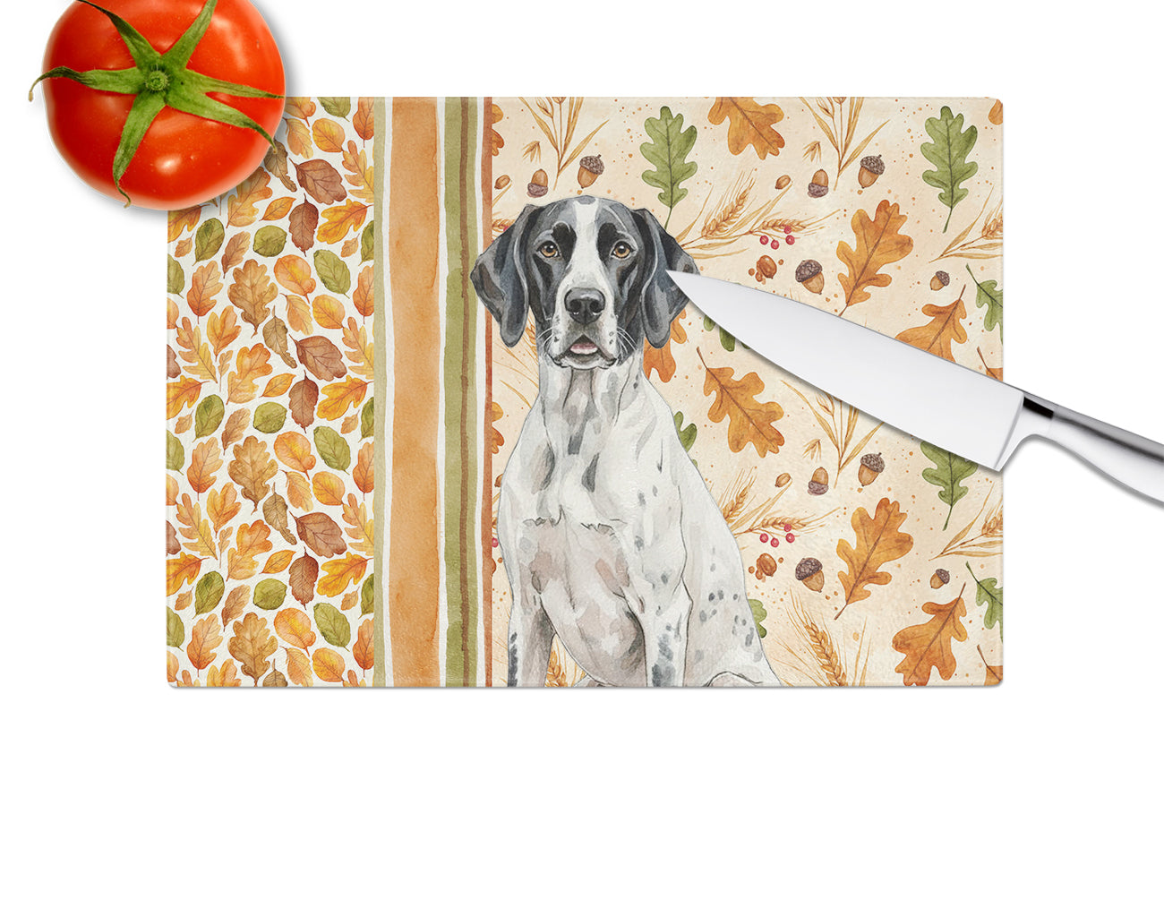 Black and White Pointer Heirloom Fall Cutting Board Tempered Glass Kitchen Cutting Surface, Heat Resistant Chopping, Non-Slip Feet, Food Prep & Serving