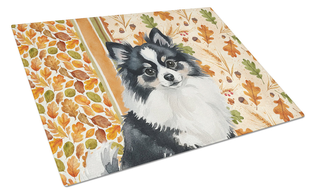 Black and White Pomeranian Heirloom Fall Cutting Board Tempered Glass Kitchen Cutting Surface, Heat Resistant Chopping, Non-Slip Feet, Food Prep & Serving