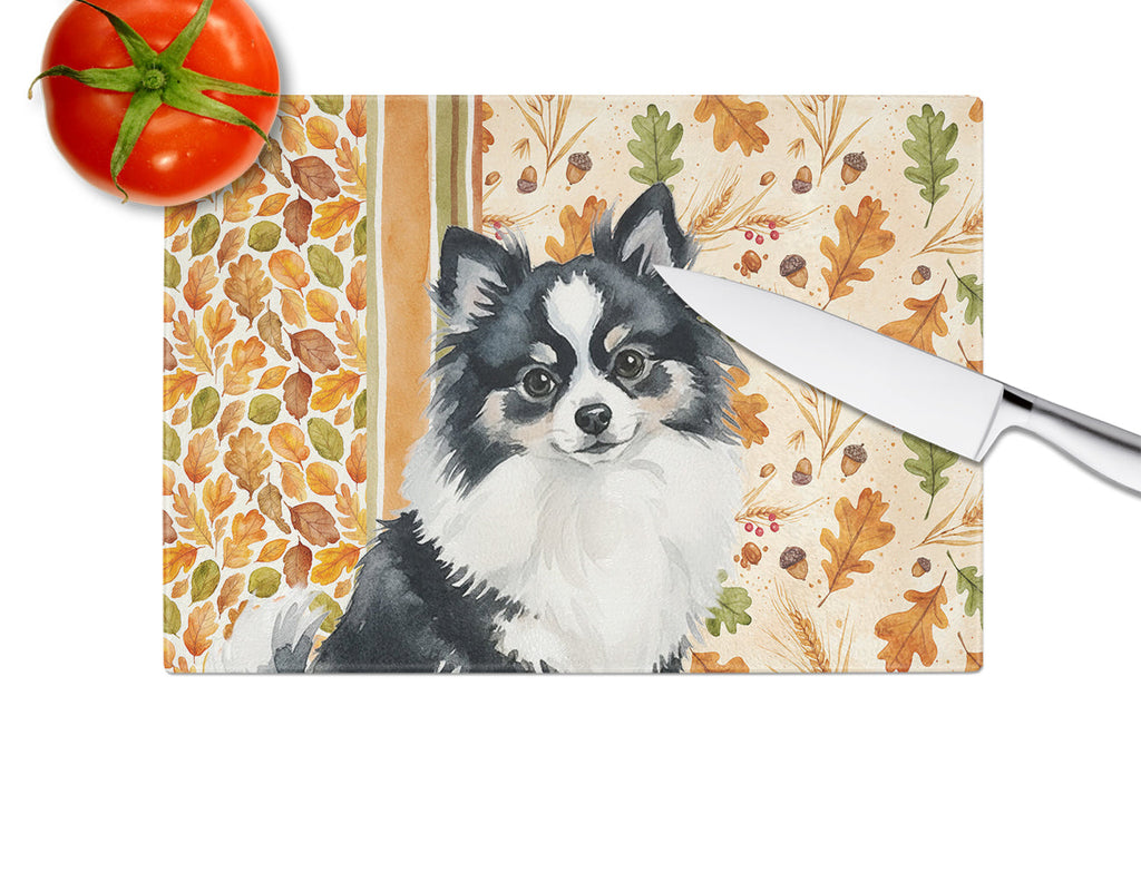 Black and White Pomeranian Heirloom Fall Cutting Board Tempered Glass Kitchen Cutting Surface, Heat Resistant Chopping, Non-Slip Feet, Food Prep & Serving