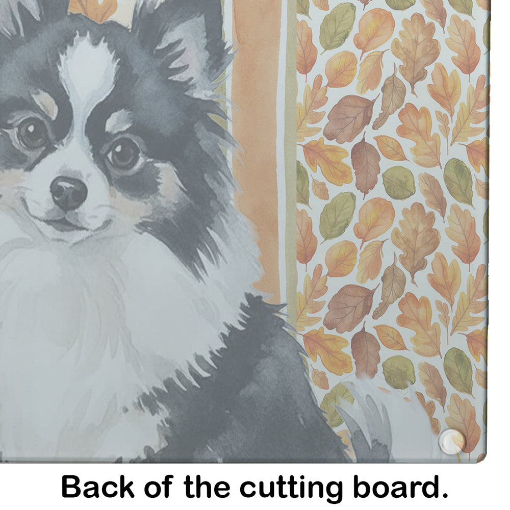 Black and White Pomeranian Heirloom Fall Cutting Board Tempered Glass Kitchen Cutting Surface, Heat Resistant Chopping, Non-Slip Feet, Food Prep & Serving