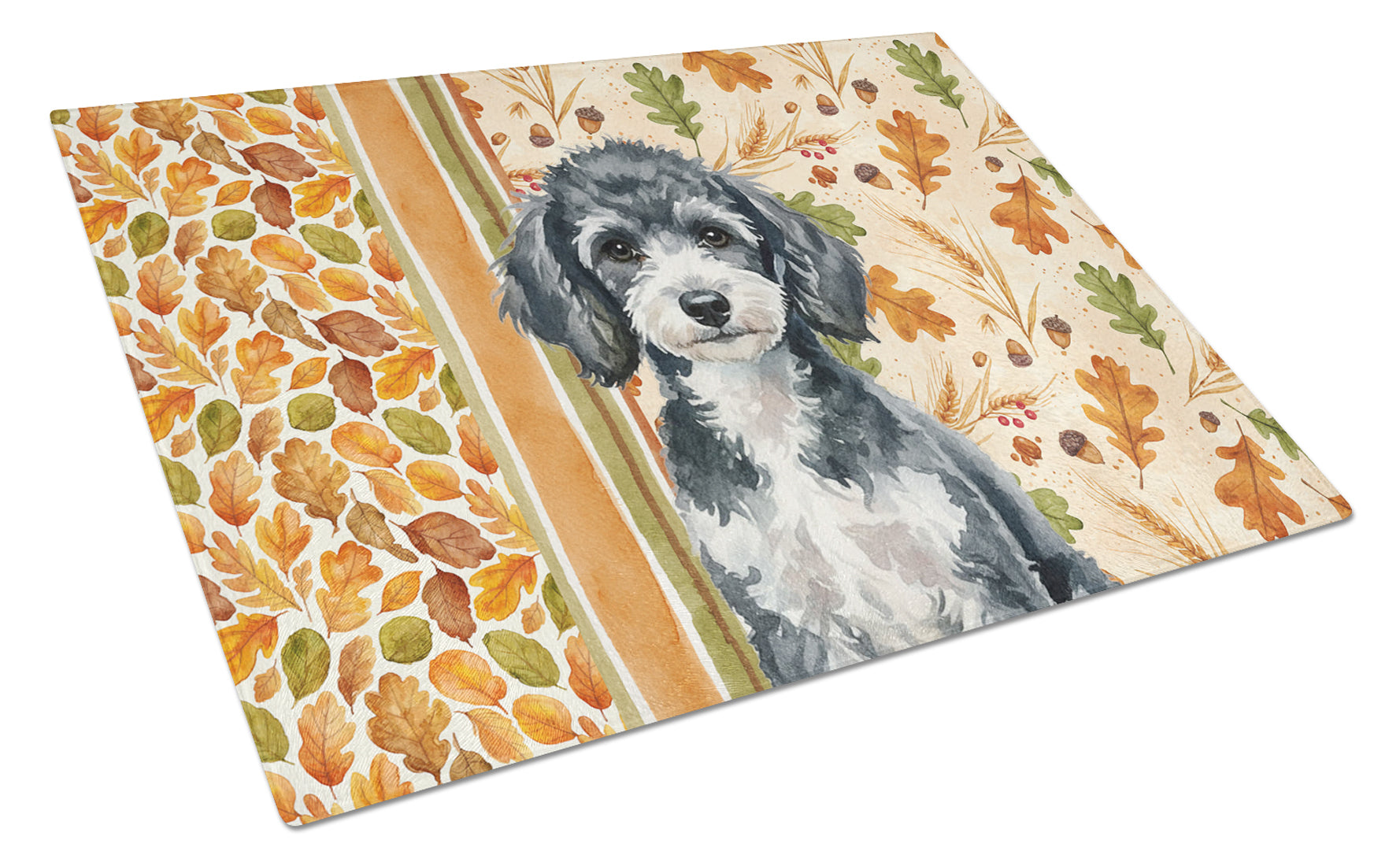 Miniature Parti Poodle Heirloom Fall Cutting Board Tempered Glass Kitchen Cutting Surface, Heat Resistant Chopping, Non-Slip Feet, Food Prep & Serving