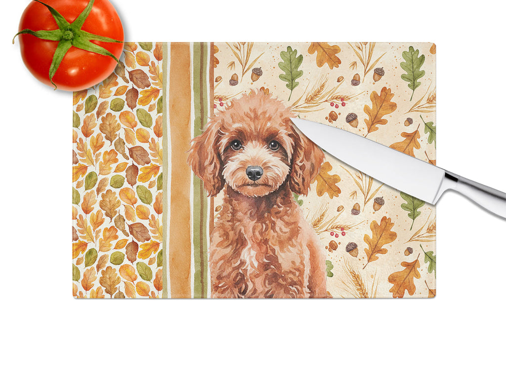 Miniature Red Poodle Heirloom Fall Cutting Board Tempered Glass Kitchen Cutting Surface, Heat Resistant Chopping, Non-Slip Feet, Food Prep & Serving