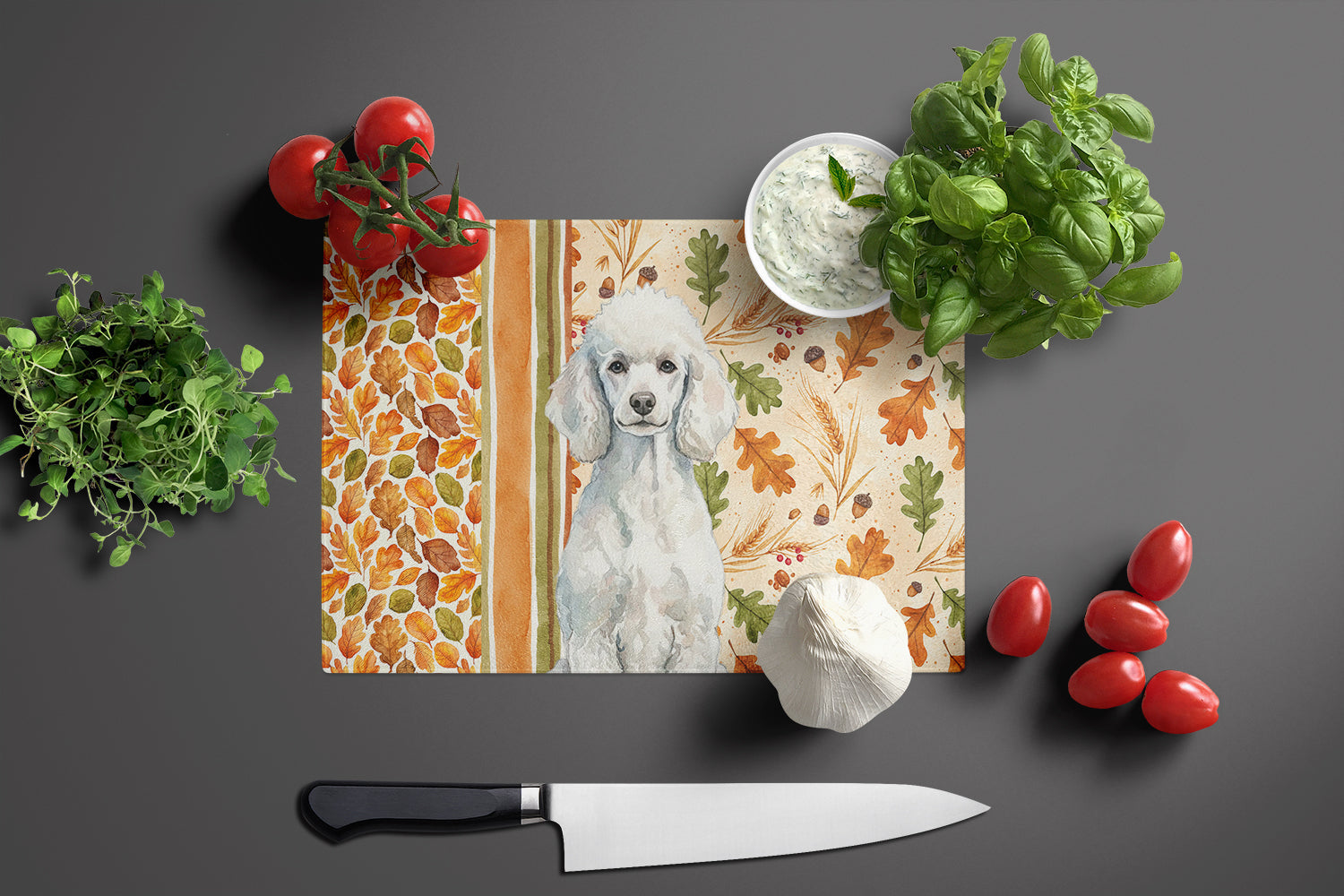 Standard White Poodle Heirloom Fall Cutting Board Tempered Glass Kitchen Cutting Surface, Heat Resistant Chopping, Non-Slip Feet, Food Prep & Serving