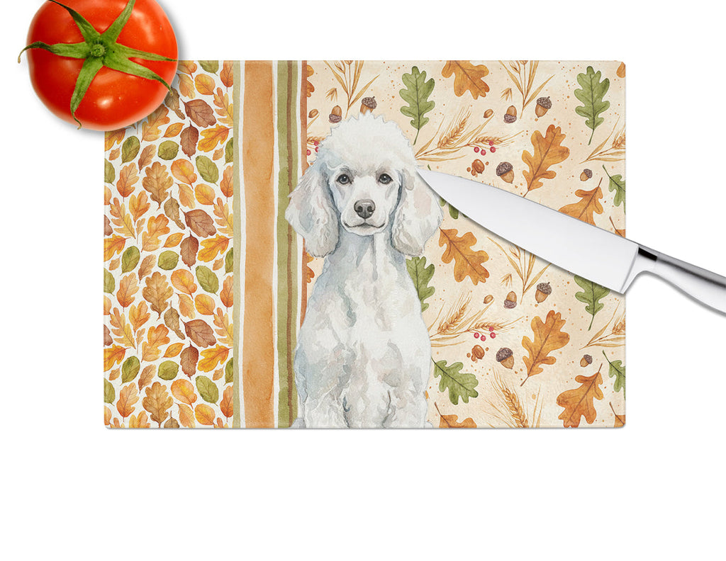 Standard White Poodle Heirloom Fall Cutting Board Tempered Glass Kitchen Cutting Surface, Heat Resistant Chopping, Non-Slip Feet, Food Prep & Serving