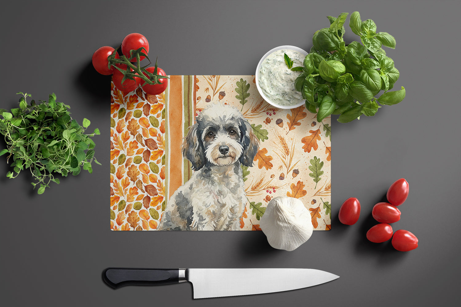 Toy Parti Poodle Heirloom Fall Cutting Board Tempered Glass Kitchen Cutting Surface, Heat Resistant Chopping, Non-Slip Feet, Food Prep & Serving