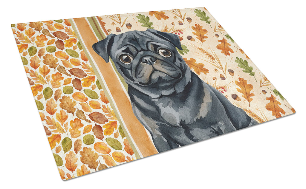 Black Pug Heirloom Fall Cutting Board Tempered Glass Kitchen Cutting Surface, Heat Resistant Chopping, Non-Slip Feet, Food Prep & Serving