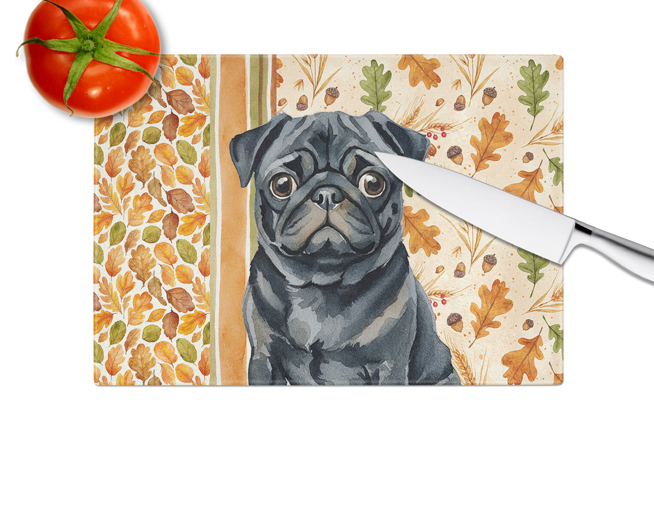 Black Pug Heirloom Fall Cutting Board Tempered Glass Kitchen Cutting Surface, Heat Resistant Chopping, Non-Slip Feet, Food Prep & Serving