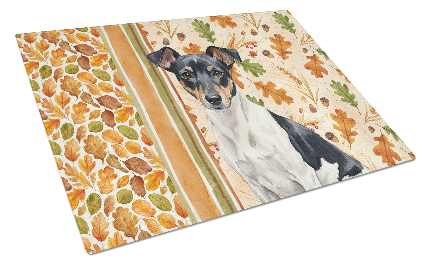 Black and White Rat Terrier Heirloom Fall Cutting Board Tempered Glass Kitchen Cutting Surface, Heat Resistant Chopping, Non-Slip Feet, Food Prep & Serving