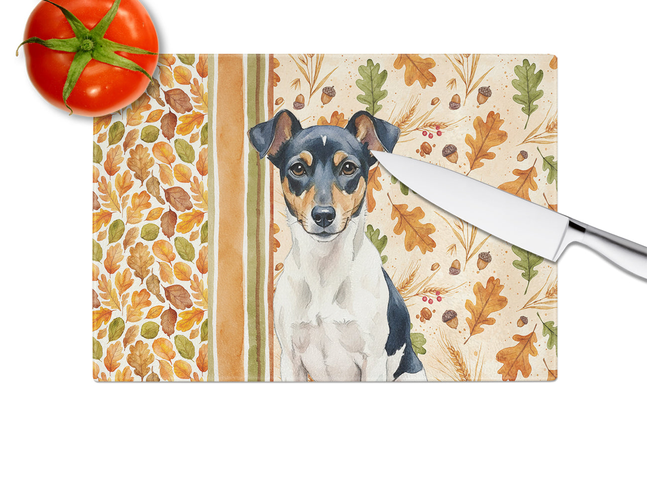Tricolor Rat Terrier Heirloom Fall Cutting Board Tempered Glass Kitchen Cutting Surface, Heat Resistant Chopping, Non-Slip Feet, Food Prep & Serving