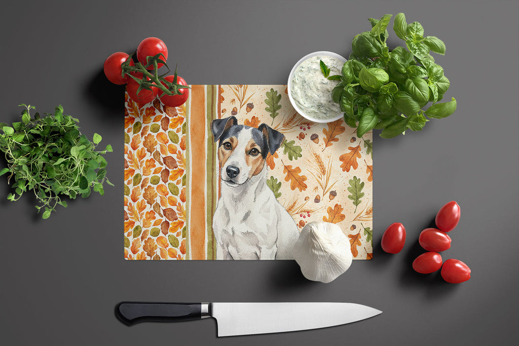 White with Black Markings Russell Terrier Heirloom Fall Cutting Board Tempered Glass Kitchen Cutting Surface, Heat Resistant Chopping, Non-Slip Feet, Food Prep & Serving