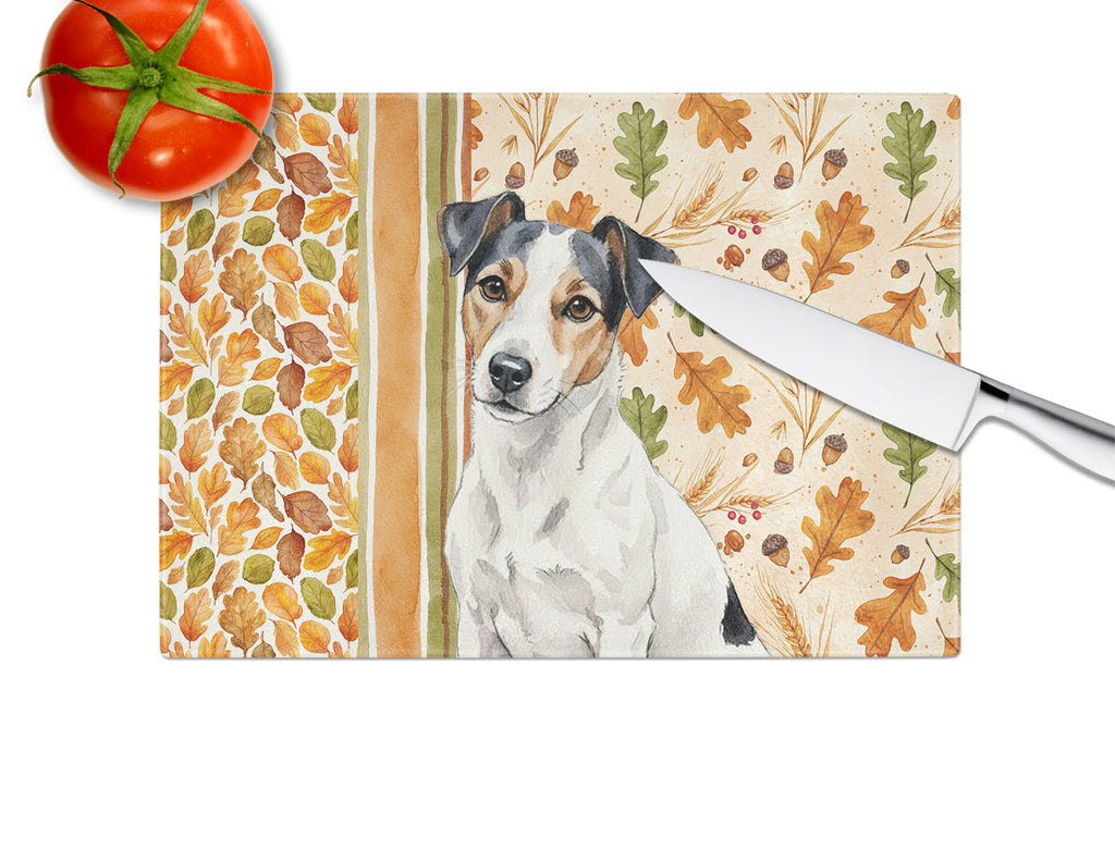 White with Black Markings Russell Terrier Heirloom Fall Cutting Board Tempered Glass Kitchen Cutting Surface, Heat Resistant Chopping, Non-Slip Feet, Food Prep & Serving