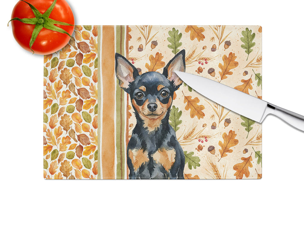 Black and Tan Russian Toy Heirloom Fall Cutting Board Tempered Glass Kitchen Cutting Surface, Heat Resistant Chopping, Non-Slip Feet, Food Prep & Serving