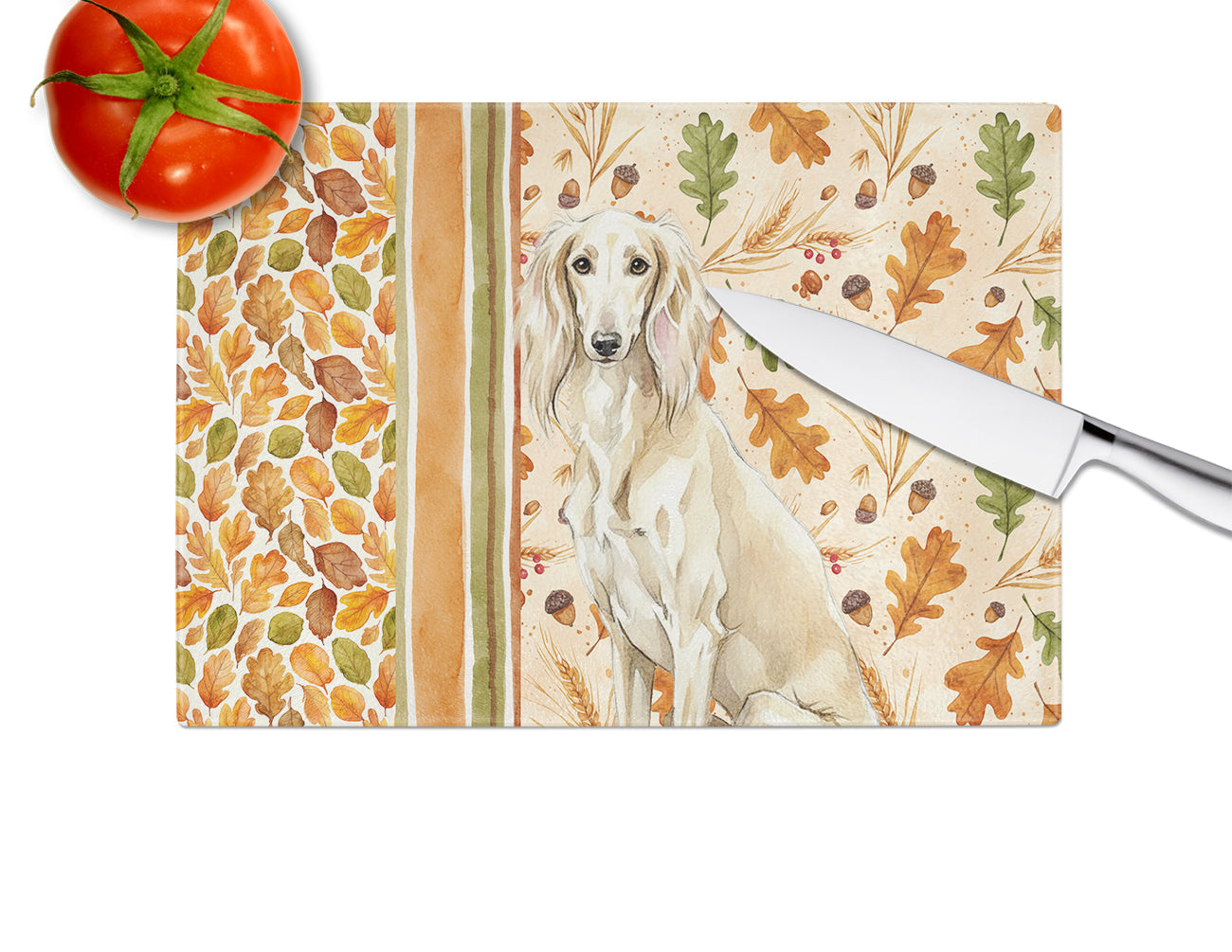 Cream Saluki Heirloom Fall Cutting Board Tempered Glass Kitchen Cutting Surface, Heat Resistant Chopping, Non-Slip Feet, Food Prep & Serving
