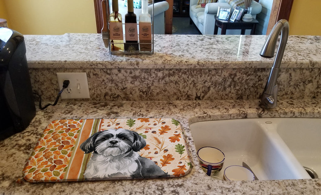 Black and White Shih Tzu Heirloom Fall Dish Drying Mat Absorbent Dish Drying Mat Pad for Kitchen Counter Dish Drainer Mat for Countertop, 14 x 21", Multicolor