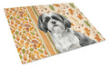 Black and White Shih Tzu Heirloom Fall Cutting Board Tempered Glass Kitchen Cutting Surface, Heat Resistant Chopping, Non-Slip Feet, Food Prep & Serving