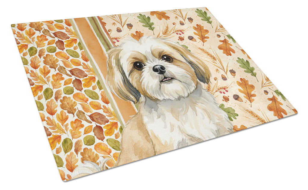 Gold and White Shih Tzu Heirloom Fall Cutting Board Tempered Glass Kitchen Cutting Surface, Heat Resistant Chopping, Non-Slip Feet, Food Prep & Serving