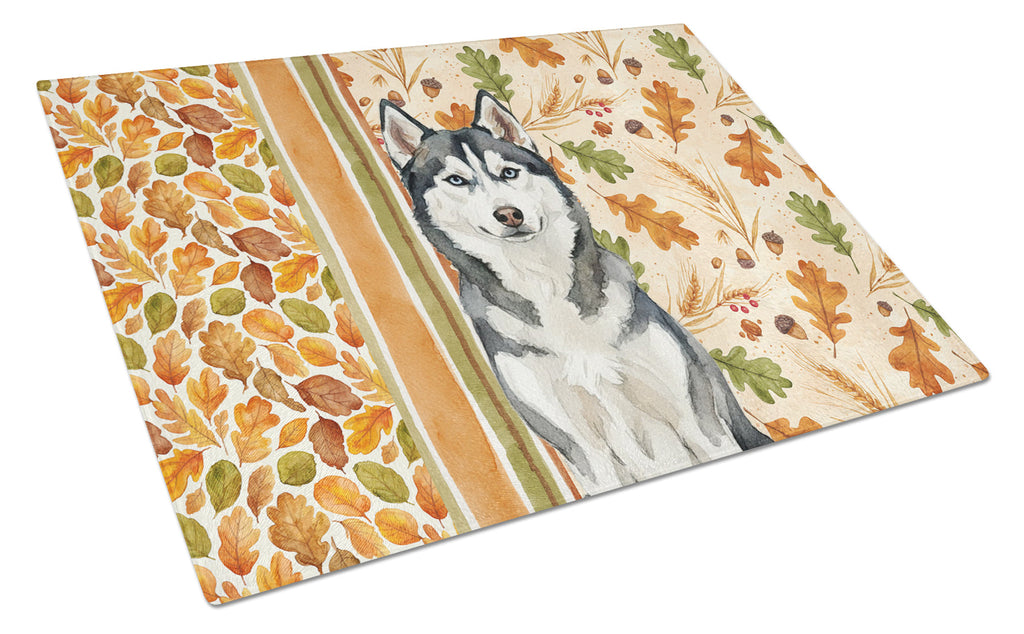 Siberian Husky Heirloom Fall Cutting Board Tempered Glass Kitchen Cutting Surface, Heat Resistant Chopping, Non-Slip Feet, Food Prep & Serving