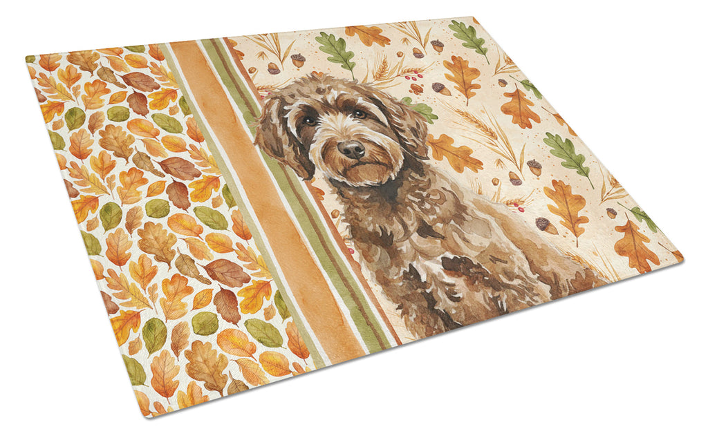 Spanish Water Dog Heirloom Fall Cutting Board Tempered Glass Kitchen Cutting Surface, Heat Resistant Chopping, Non-Slip Feet, Food Prep & Serving